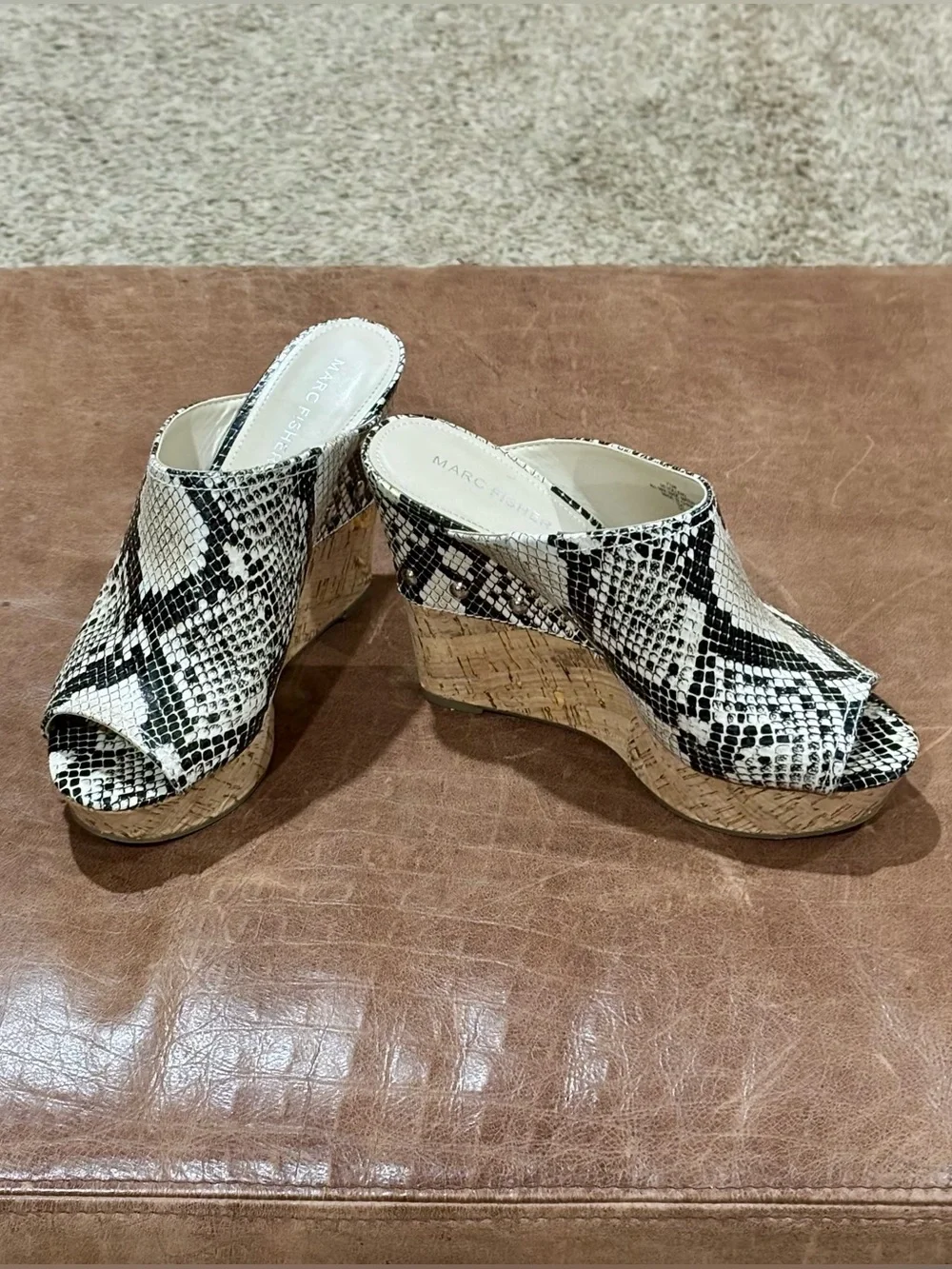 Marc Fisher Black and White Snake-Print Cork Wedge Mules